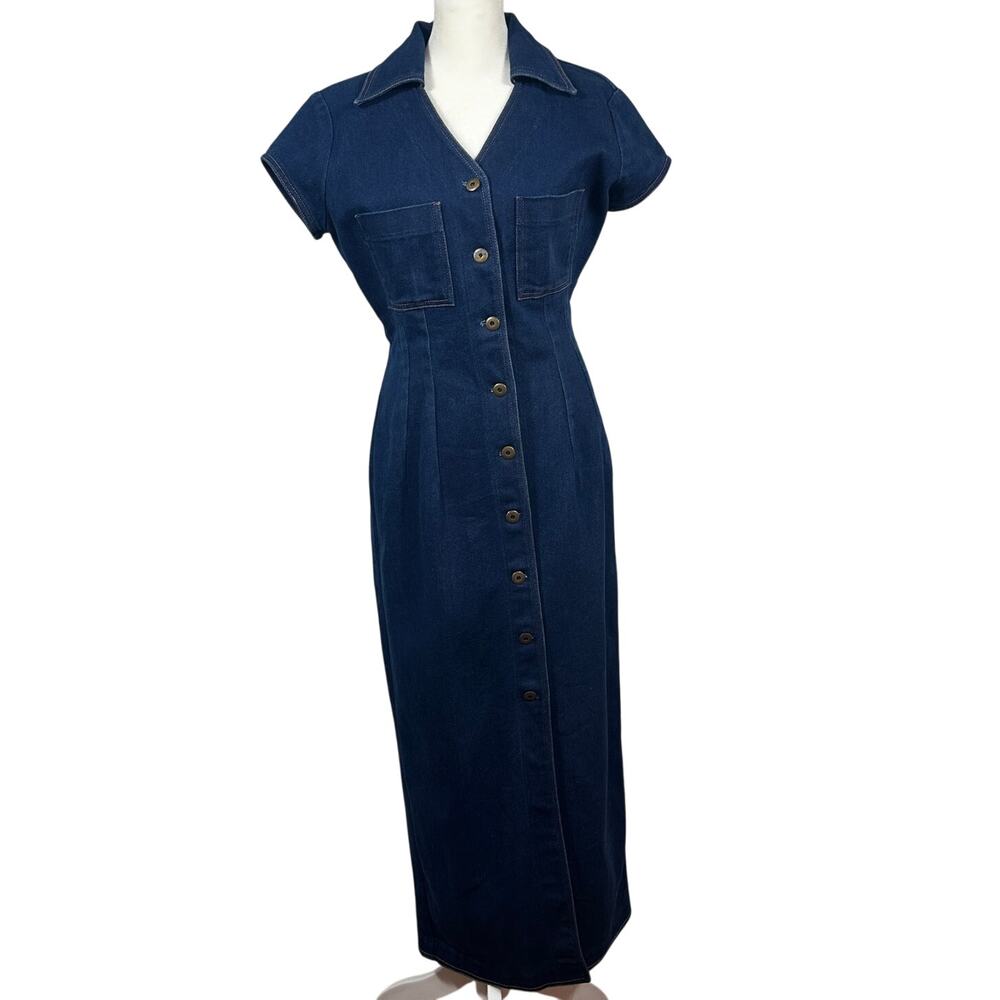 VTG Vesti Denim Shirt Dress Blue Button Front Midi Short Sleeve Utility Retro L